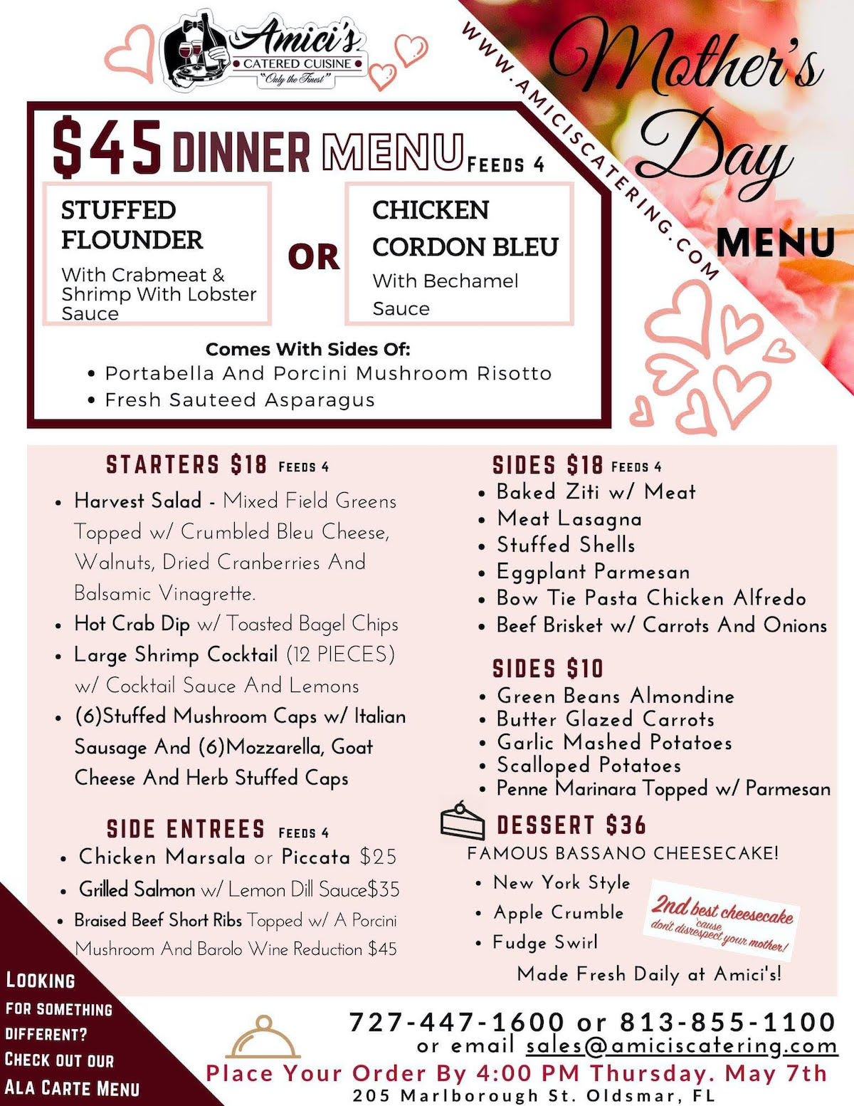 Amici's Catered Cuisine Mothers Day 2020 Menu