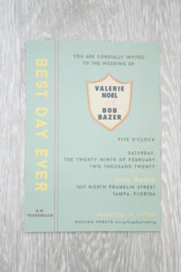 Wes Anderson Inspired Book Cover Wedding Invitation, Yellow, Gray and Mint Green | Tampa Bay Wedding Photographer Carrie Wildes Photography