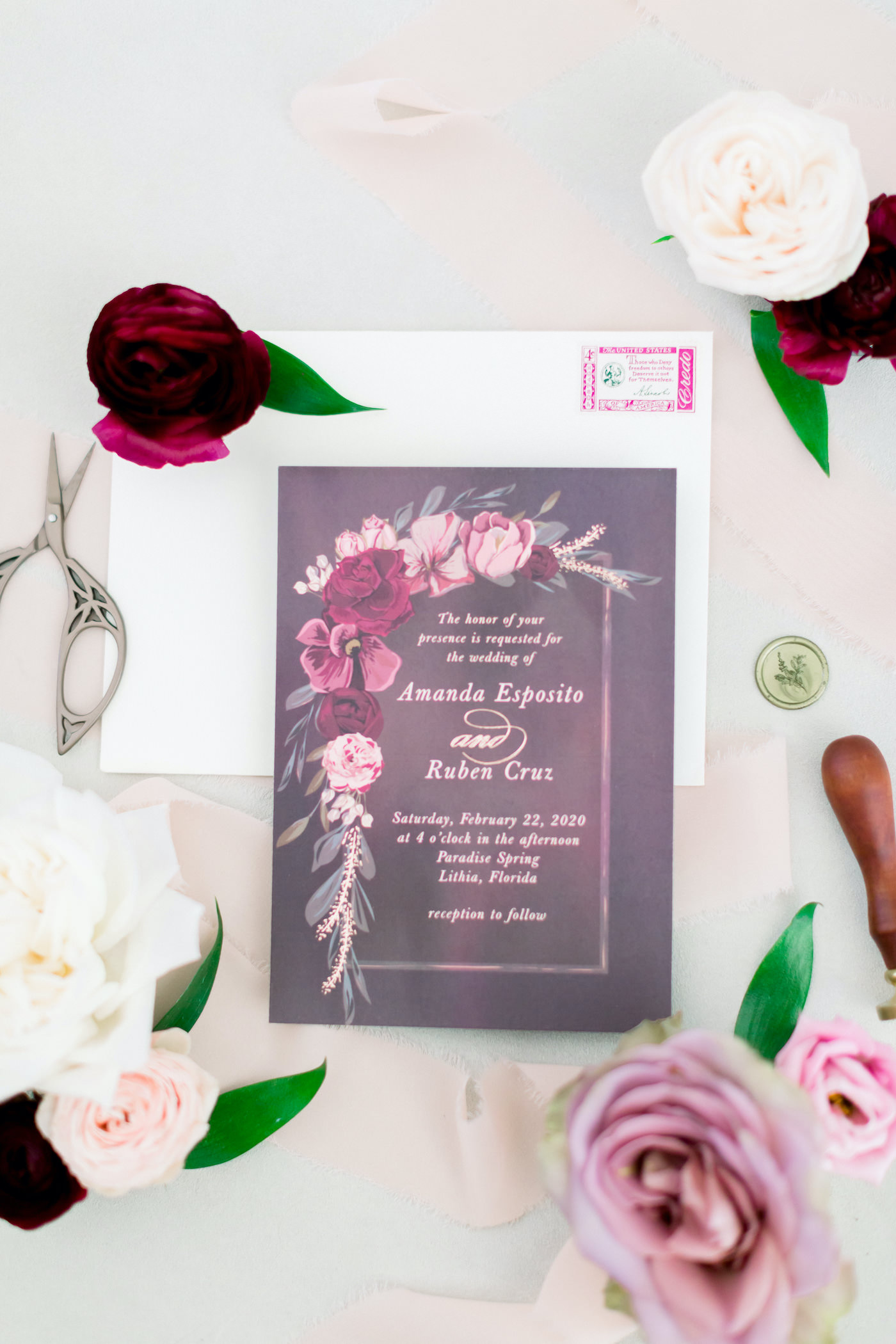 Burgundy Blush Pink Floral Wedding Invitation with Metallic Gold Print | Wedding Stationery Flat Lay Photo