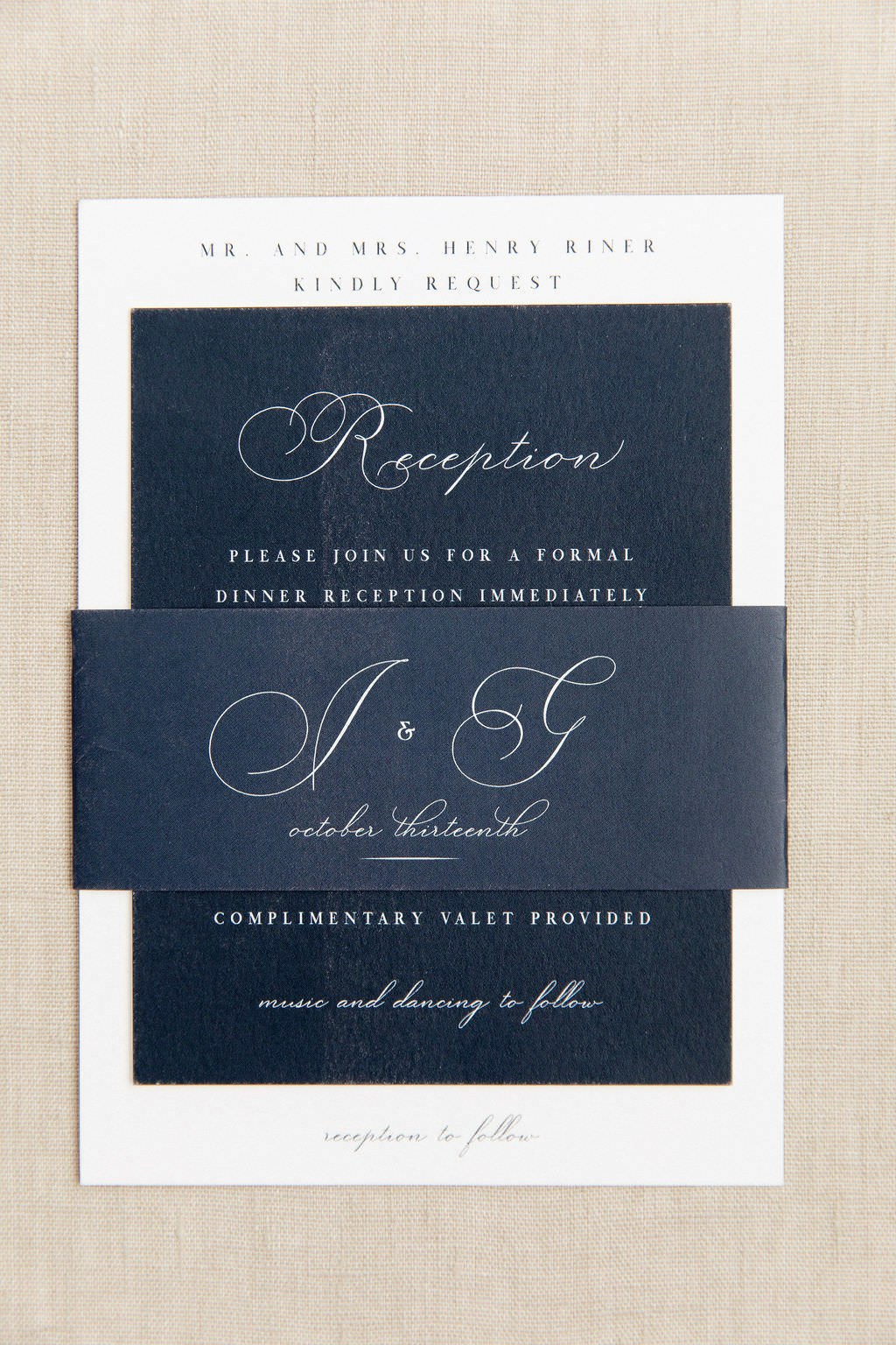 Classic Florida Wedding Invitation Suite, Midnight Blue Reception Card, Ivory Script, Custom Couple Monogram