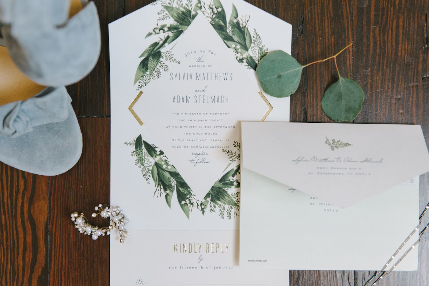 Elegant Modern White with Gold Geometric Accent and Greenery Leaves Wedding Invitation | Tampa Bay Wedding Photographer Kera Photography