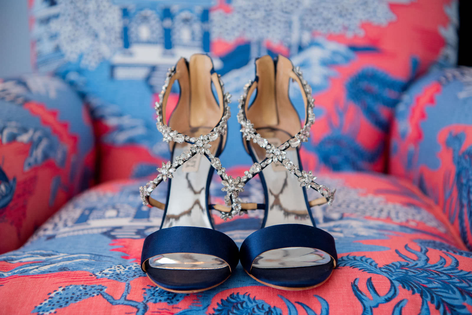 Satin Navy Blue Strappy Sandal with Rhinestone Bride Wedding Shoes