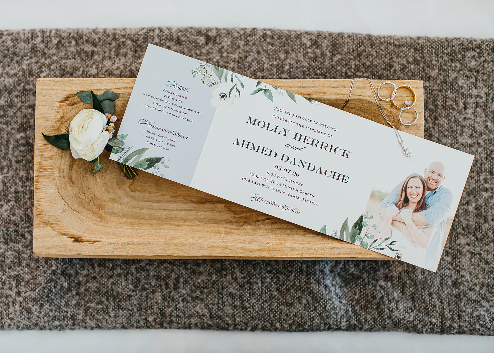Ybor City Tampa Wedding Photo Invitation with Eucalyptus Greenery Motif