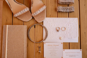 Wedding Invitation Set with Die Cut Lace Design | Wedding Flat Lay Stationery Set with Gold Rhinestone Clutch and Gold Rhinestone Wedding Shoes