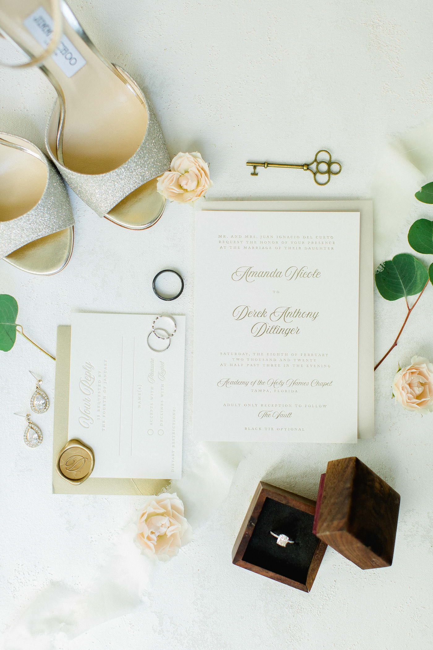 Timeless Florida Wedding Invitation Suite and Bridal Details, Wooden Ring Box, Jimmy Choo Gold Glitter Shoes, Ivory, Champagne and White Stationary | Tampa Bay Wedding Planner Breezin' Weddings