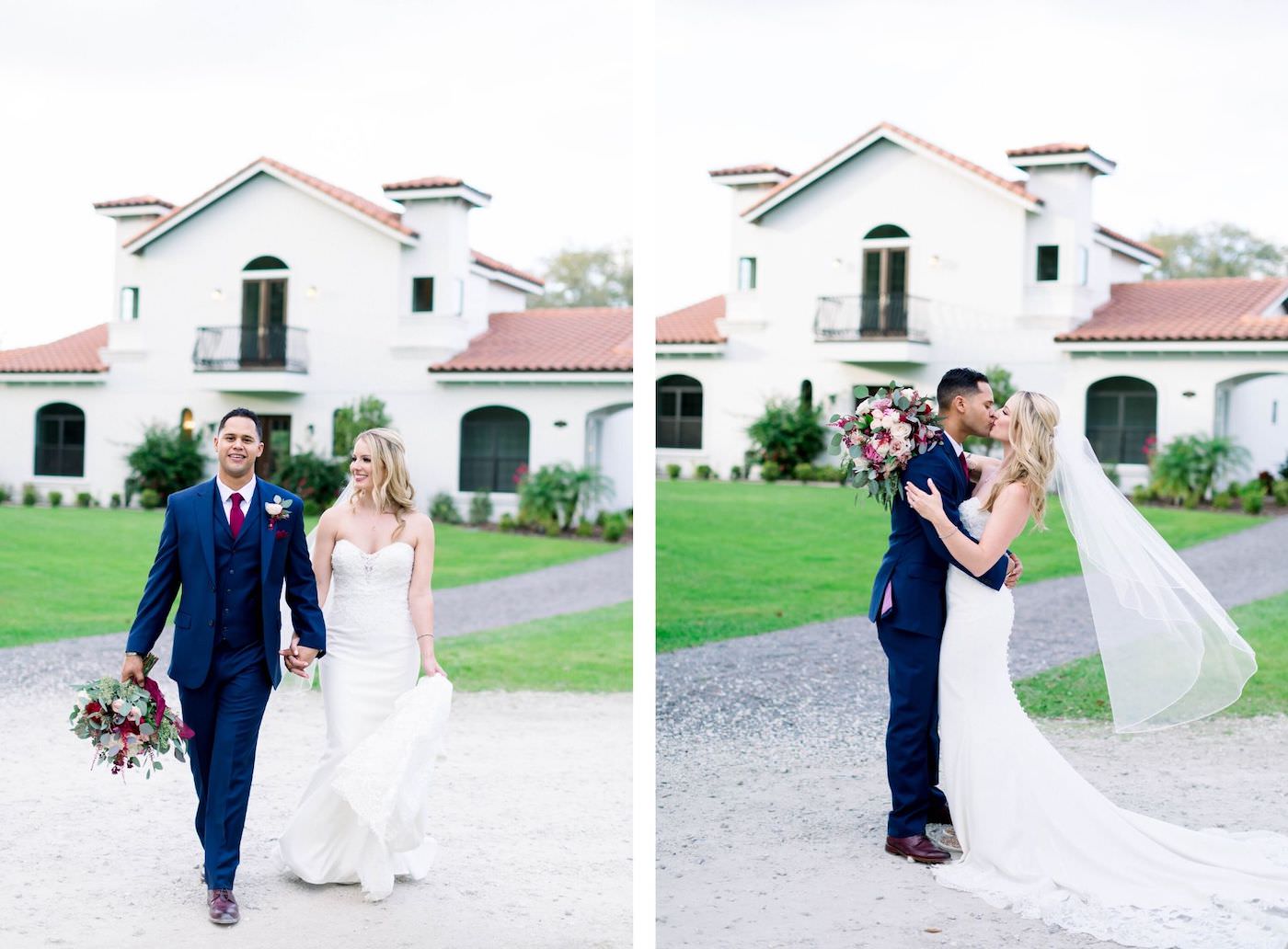 Outdoor Bride and Groom Portrait | Groom in Classic Navy Suit with Red Tie | Ivory Sheath Mermaid Wedding Dress with Illusion Lace Train and Fingertip Veil | Burgundy and Blush Pink Bridal Bouquet with Roses and Astilbe and Eucalyptus Greenery | Shauna and Jordon Photography