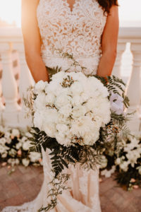 Round Monochromatic Bride Wedding Bouquet White Roses Ivory Chrysanthemums with Greenery Ferns