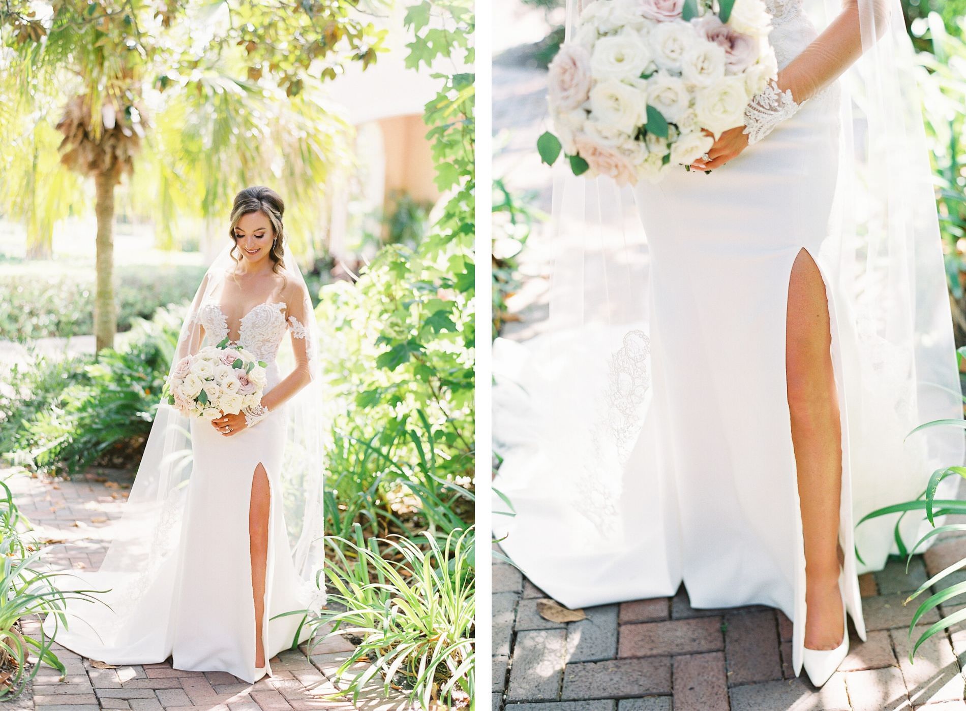 Ines di Santo Designer Bridal Gown Illusion Lace Sexy Wedding Dress with Slit | Outdoor Bridal Portrait at Tampa Wedding Venue Avila Golf & Country Club | White and Blush Pink Round Rose Bridal Bouquet | Isabel O'Neil Bridal Collection
