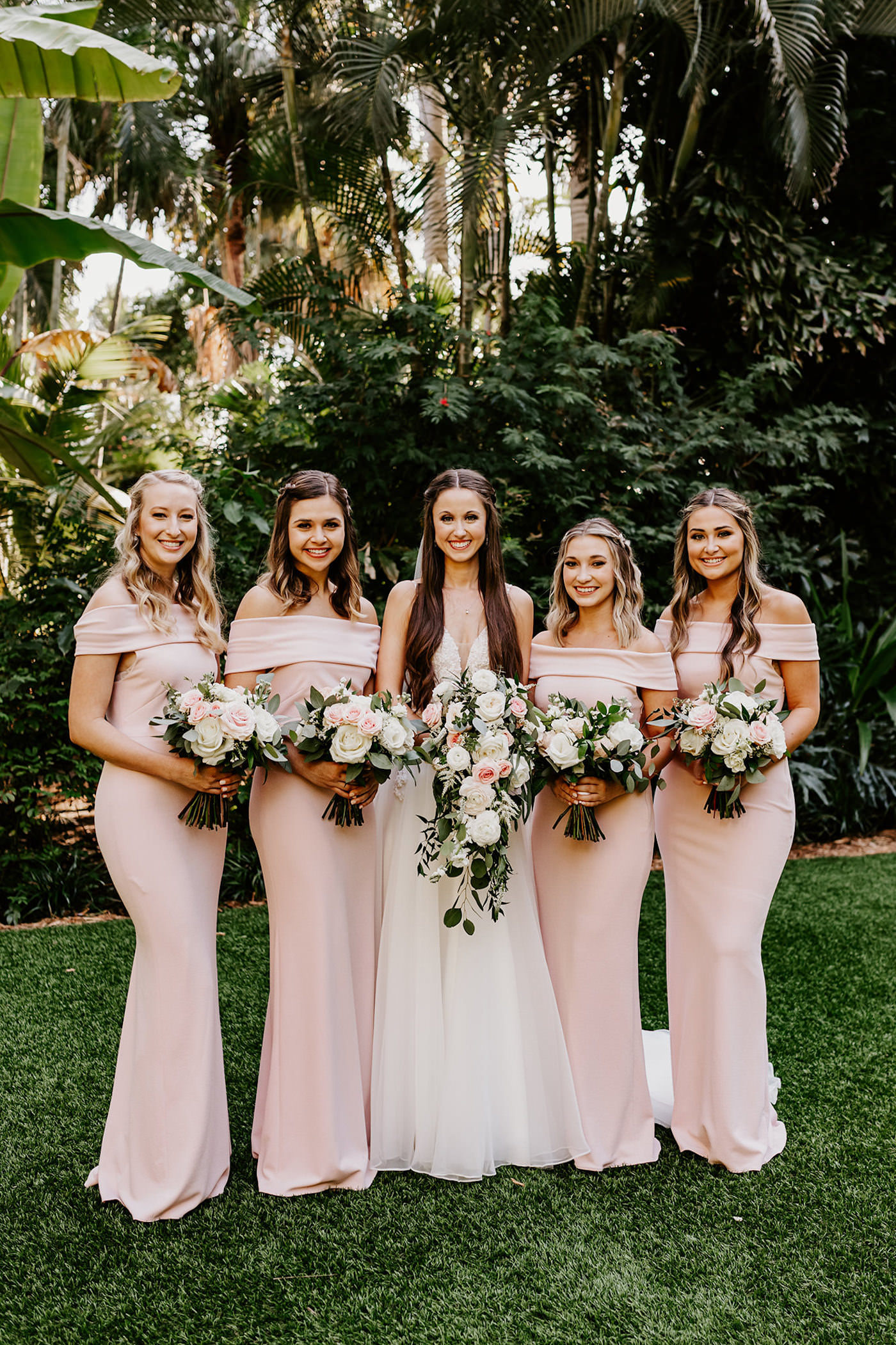 Blush Pink Off The Shoulder Long Elegant Bridesmaid Dresses by After Six | Bride and Bridesmaids Outdoor Portrait | White and Blush Pink Rose and Greenery Bouquets by St. Pete Wedding Florist Monarch Events and Design