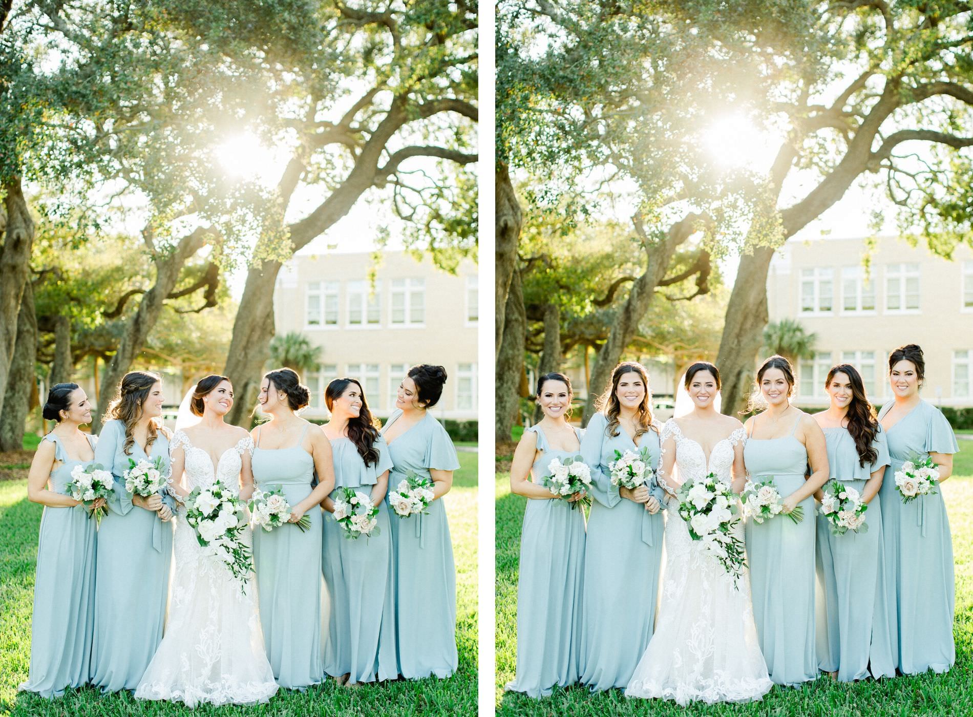 Tampa Bay Bride and Bridesmaids, Wearing Long Mix and Match Sage Show Me Your Mumu Bridesmaid Dresses, Holding Elegant White, Blush Pink and Ivory Floral Bouquets, In Front of South Tampa's All Saints Academy | Tampa Bay Wedding Planner Breezin' Weddings