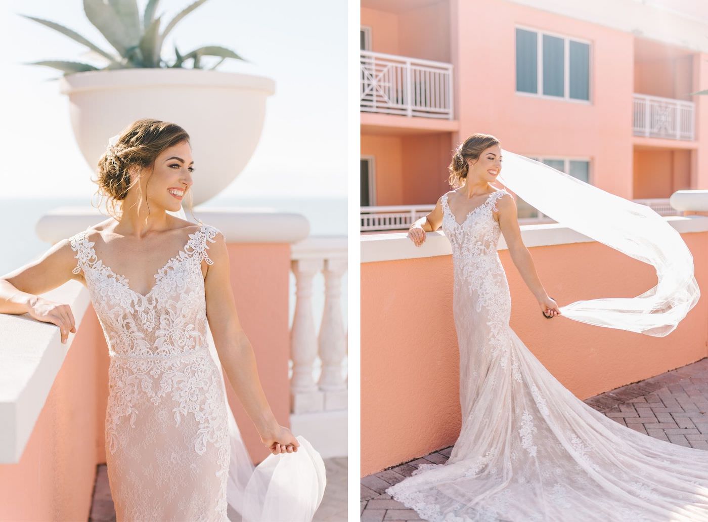 Bridal Rooftop Portrait at Clearwater Wedding Venue Hyatt Regency Beach Hotel | Ivory and Champagne Lilian West Sheath Wedding Dress Bridal Gown with V Neck Off The Shoulder Straps, Scalloped Edge Train and Long Cathedral Veil | Tampa Bay Wedding Photographer Kera Photography