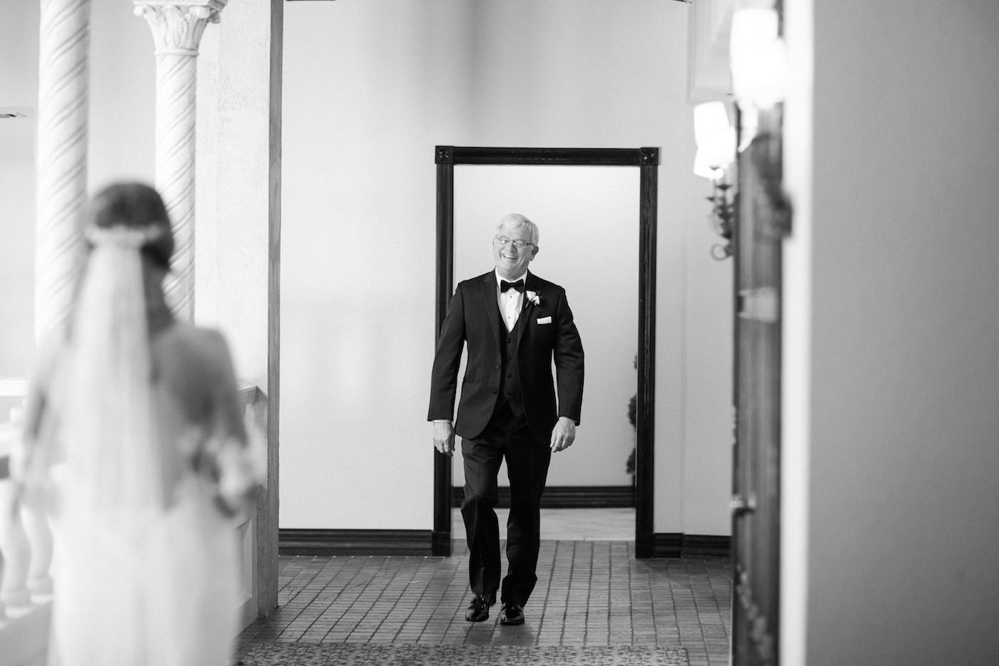Bride and Dad Wedding Day First Look Portrait in Black and White Photography