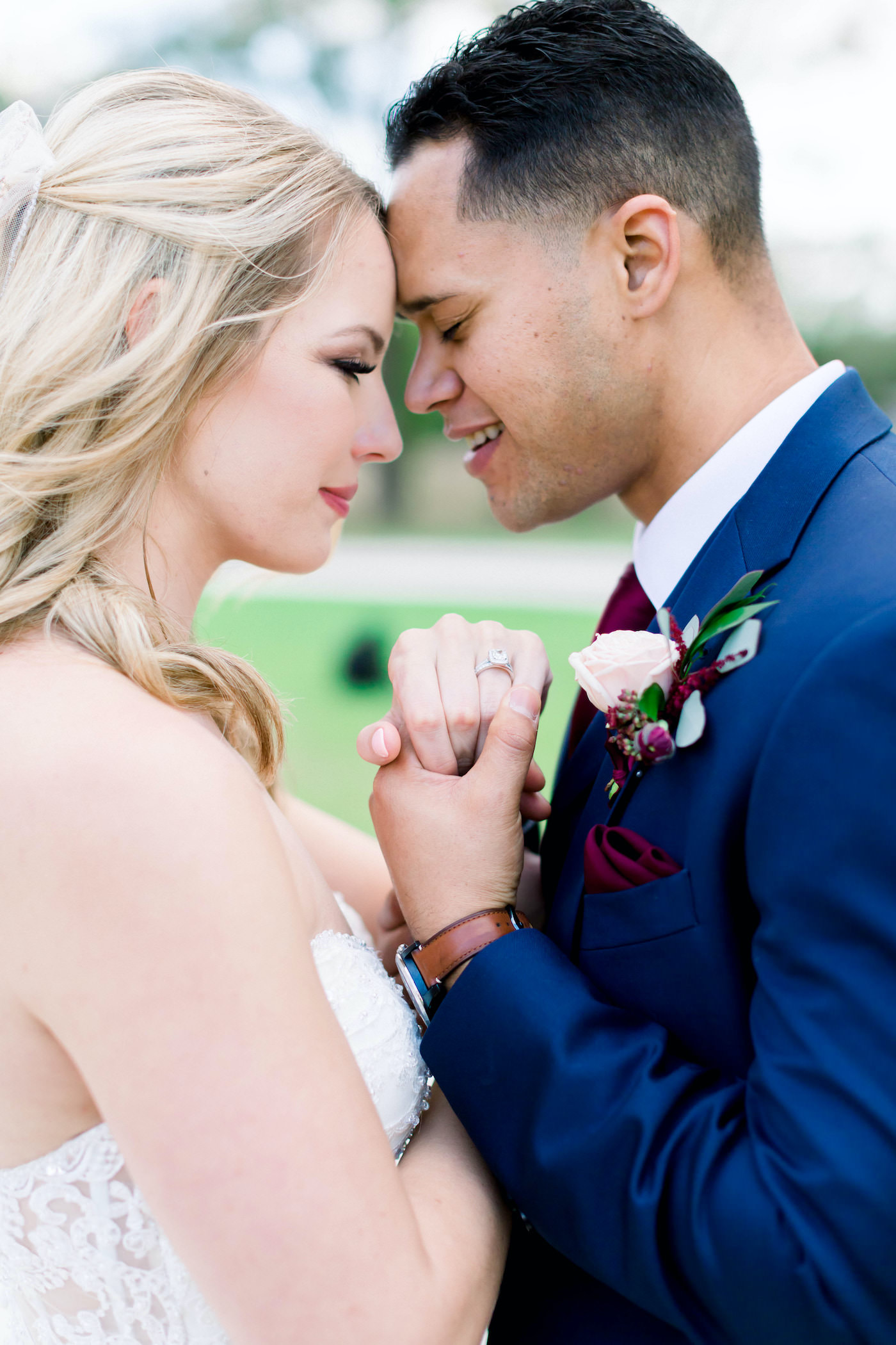 Bride and Groom Outdoor Portrait Ring Shot | Groom Navy Suit with Blush Pink and Burgundy Rose Boutonniere | Shauna and Jordon Photography