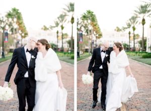 Classic Bride with White Fur Shawl and Groom on the Streets at The University of Tampa | Wedding Photographer Shauna and Jordon Photography | Wedding Hair and Makeup Femme Akoi Beauty Studio