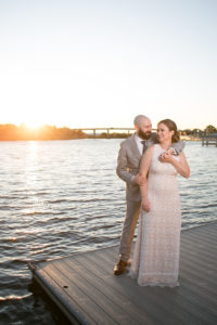 Sunset Bride and Groom Waterfront Dock Portrait | Wedding Photographer Carrie Wildes Photography