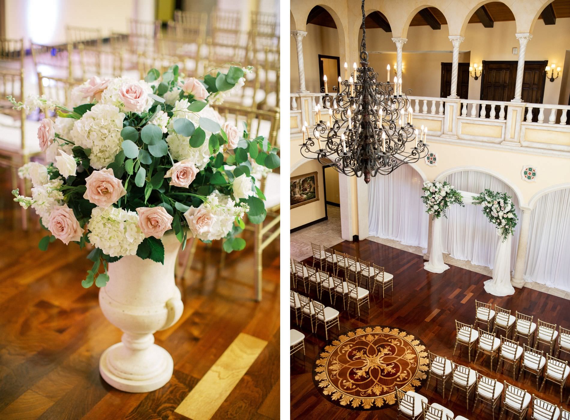 Wedding Ceremony Aisle Urn Centerpiece with Blush Pink Roses and Ivory Hydrangea and Eucalyptus Greenery | Tampa Wedding Venue Avila Golf & Country Club Indoor Ceremony with Gold Chiavari Chairs, Pipe and Drape Backdrop and Crystal Chandelier