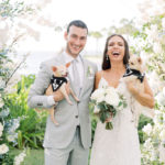 Florida Bride and Groom Wedding Portrait with Pets, Two Puppy Dogs Dressed in Tuxedos | Florida Wedding Pet Care Planner FairyTail Pet Care | Sarasota Wedding Planner | NK Productions Wedding Planning