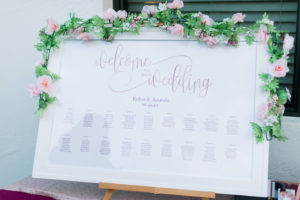 Calligraphy Wedding Seating Chart Frame with Blush Pink Rose and Greenery Garland