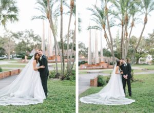 Romantic Classic Bride in Full Length Lace Trim Veil and Groom in Black Tuxedo | Tampa Bay Wedding Photographer Kera Photography