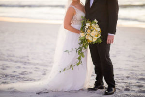 Sunset Clearwater Beach Wedding Portrait, Bride Holding Yellow Roses, Greenery Floral Bouquet