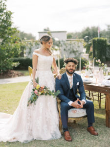 Tampa Styled Shoot European Pastel Spring Wedding Inspiration | Bride and Groom Outdoor Garden Portraits | Lace Ball Gown Wedding Dress and Navy Blue Suit | Sarasota Wedding Dress Boutique Truly Forever Bridal