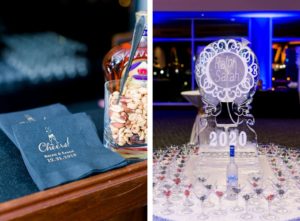 New Year's Eve Wedding Reception Decor, Custom Navy Blue and Gold Font Napkins, Personalized Ice Sculptures and Vodka Martini Glass Table | Wedding Photographer Shauna and Jordon Photography | Tampa Bay Wedding Planner UNIQUE Weddings + Events | Wedding Rentals A Chair Affair