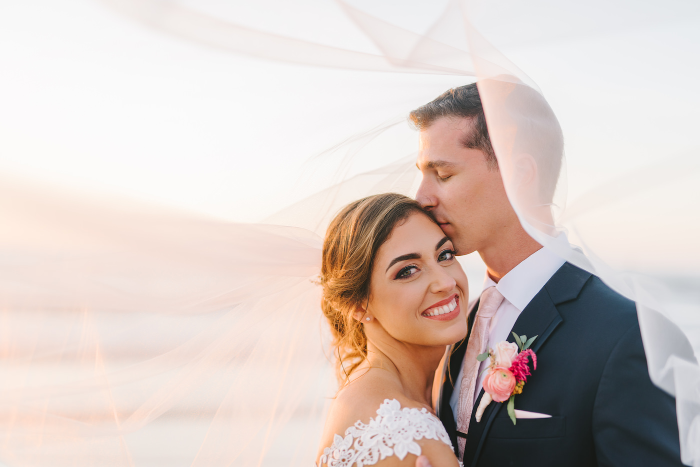 Bride and Groom Outdoor Clearwater Beach Wedding Portrait | Wedding Photography Veil Shot | Tampa Bay Wedding Photographer Kera Photography
