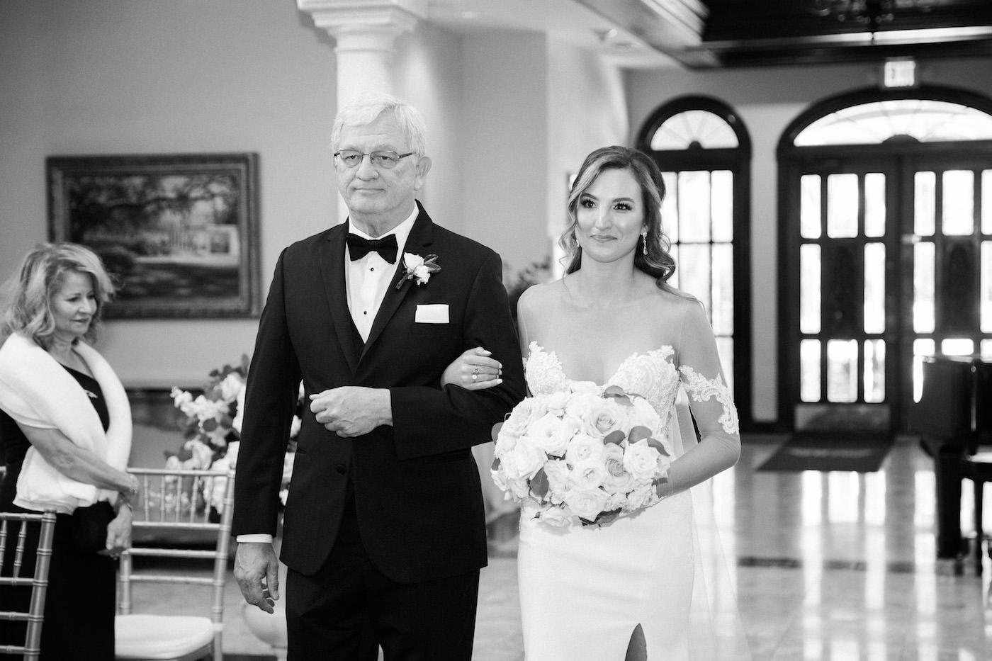 Bride and Dad Walking Down the Aisle with Black and White Photography