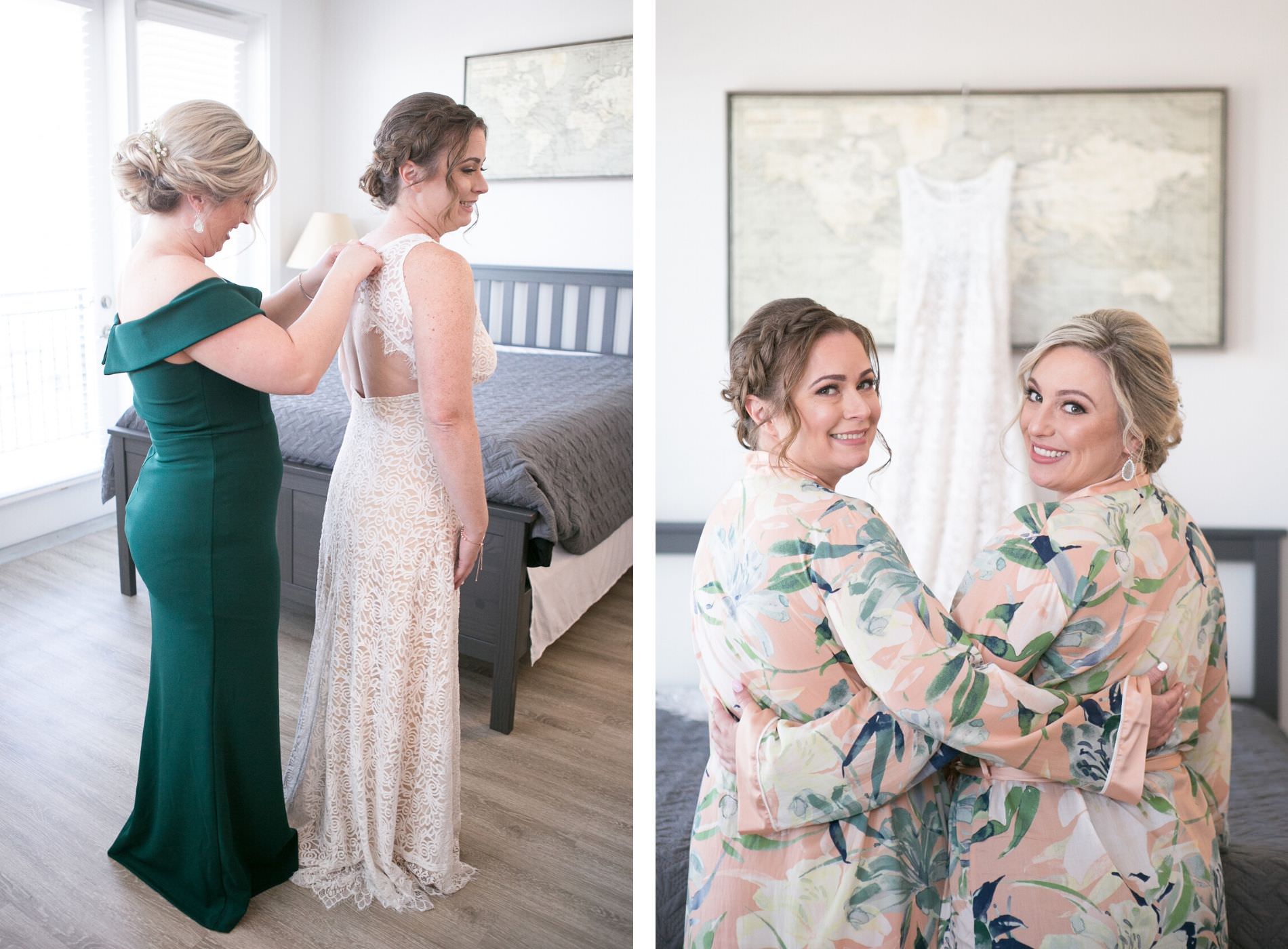 Bride Getting Ready Wedding Portrait with Sister in Ivory Lace Open Keyhole Back Wedding Dress, Bride and Sister in Matching Floral Robes and Braided Updo | Wedding Photographer Carrie Wildes Photography