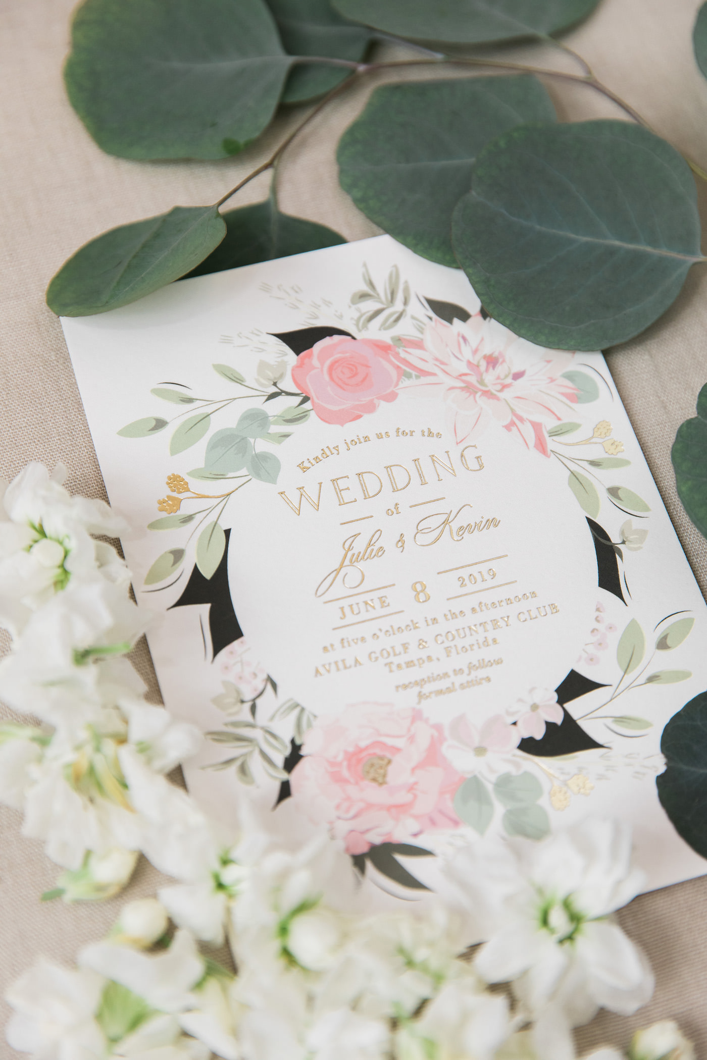 Blush Pink Floral Halo Wedding Invitation with Gold Embossed Stationery