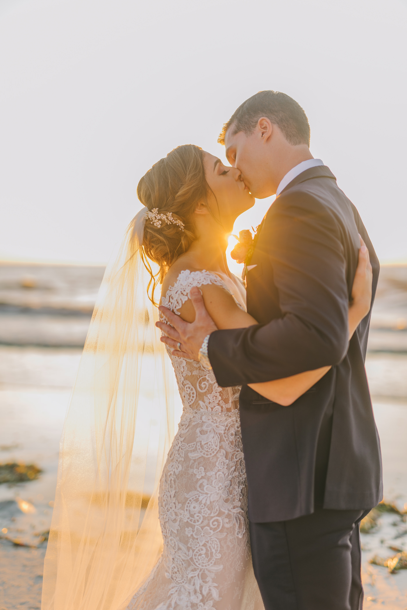 Bride and Groom Outdoor Clearwater Beach Wedding Sunset Portrait | Tampa Bay Wedding Photographer Kera Photography