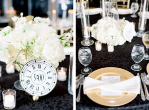 Formal New Year's Eve Wedding Reception Decor, Black and White Clock, White Roses and Hydrangeas Floral Centerpiece, Gold Charger with White Linen, Black Tablecloth | Wedding Photographer Shauna and Jordon Photography | Tampa Bay Wedding Planner UNIQUE Weddings + Events | Wedding Rentals A Chair Affair