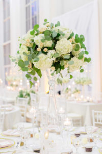 Classic Wedding Reception and Decor, White Criss Cross Draping and Custom Monogram Gobo Light as Backdrop for Sweetheart Table, Lush Greenery Eucalyptus, Ivory Hydrangeas, Blush Pink Roses on Crystal Tall Vase, Ivory Linens | Downtown Tampa Wedding Venue The Vault | Florida Wedding Planner Breezin' Weddings