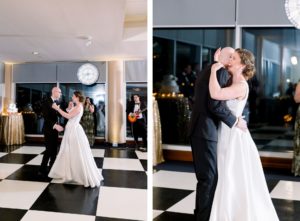 Classic Formal Bride and Groom First Dance Wedding Portrait on Black and White Checkered Dance Floor | Wedding Photographer Shauna and Jordon Photography | Wedding DJ Grant Hemond and Associates | Tampa Bay Wedding Planner UNIQUE Weddings + Events