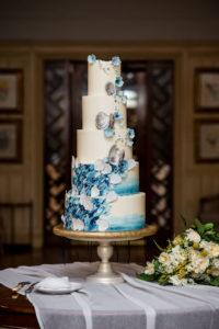 Ombre Blue, White and Silver Five Tier Wedding Cake with Oyster Shell Detailing | Tampa Bay Wedding Cake Baker The Artisick Whisk
