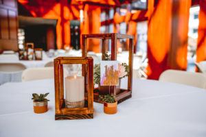 Wood Lantern Wedding Centerpieces with Potted Succulents and Watercolor Table Numbers
