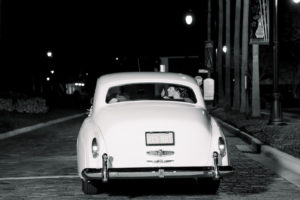 Tampa Bride and Groom in White Vintage Getaway Car | Wedding Photographer Shauna and Jordon Photography