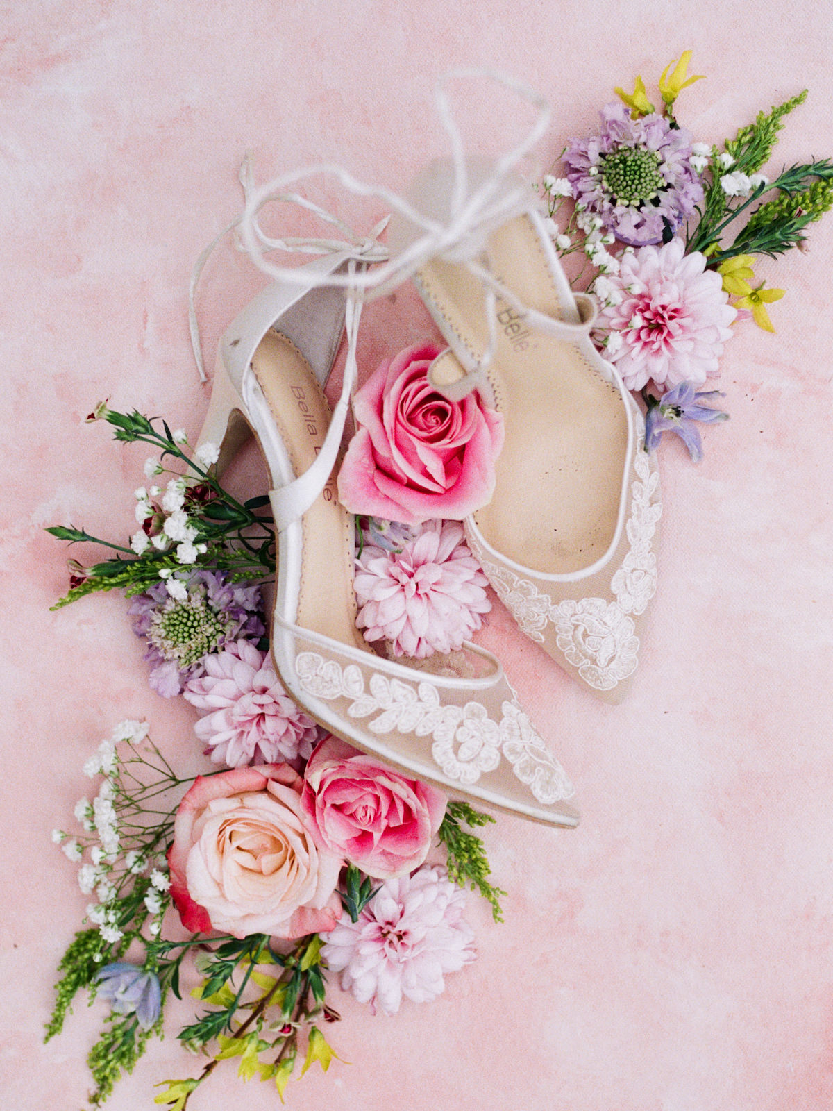 Tampa Styled Shoot European Pastel Spring Wedding Inspiration | Illusion Lace Pointy Toe Bridal Shoes Shot with Colorful Bright Flowers