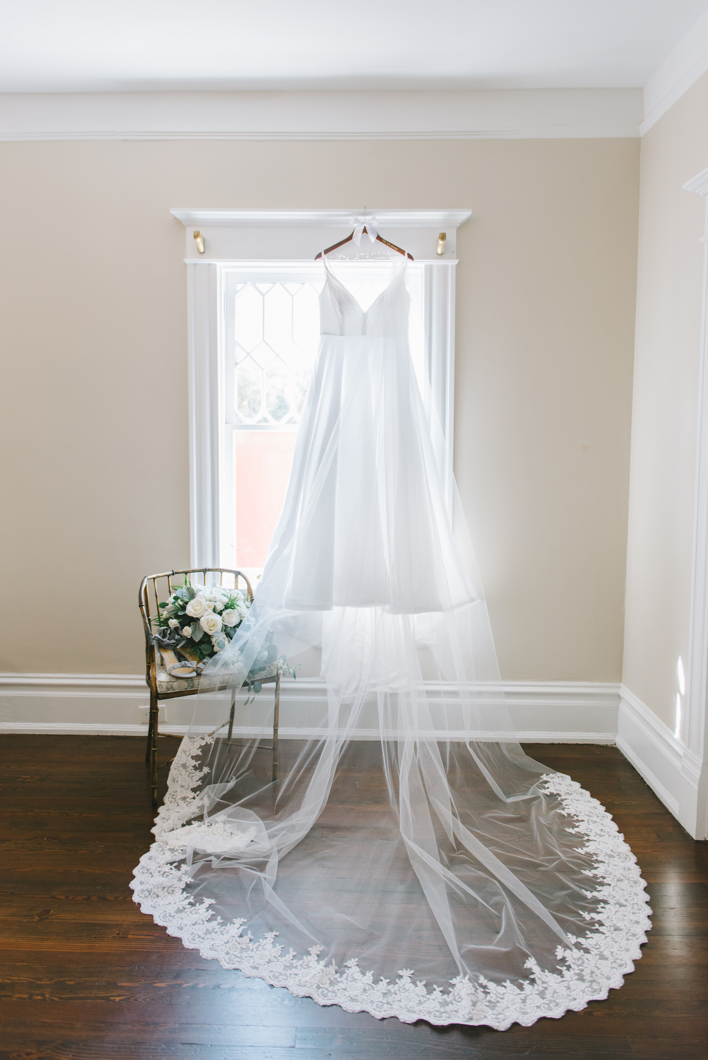 Classic White Spaghetti Strap A-Line Wedding Dress with Full Length Romantic Lace Trim Veil | Tampa Bay Wedding Photographer Kera Photography