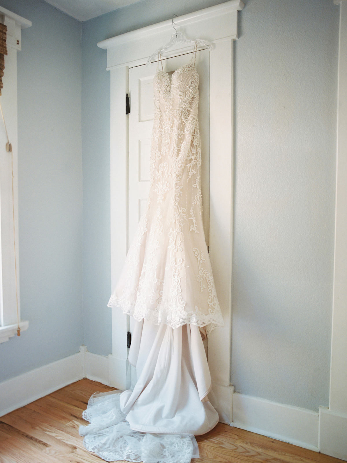 Champagne and Ivory Lace Sweetheart Wedding Dress Bridal Gown Hanging Up