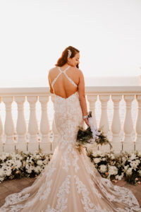 Sunset Bridal Portrait | Champagne Lace Sheath Illusion Neck Bridal Gown with Criss Cross Back Straps | Clearwater Beach Wedding Bridal Portrait