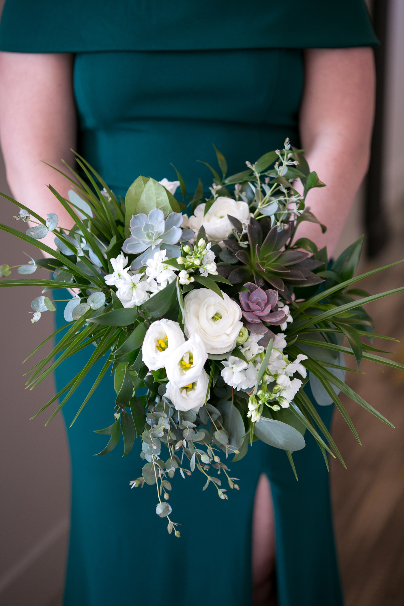 Garden Inspired Floral Bouquet, White Roses, Succulents, Palm Fronds, and Greenery | Wedding Photographer Carrie Wildes Photography | Tampa Bay Wedding Florist Monarch Events and Design | Wedding Planner UNIQUE Weddings + Events
