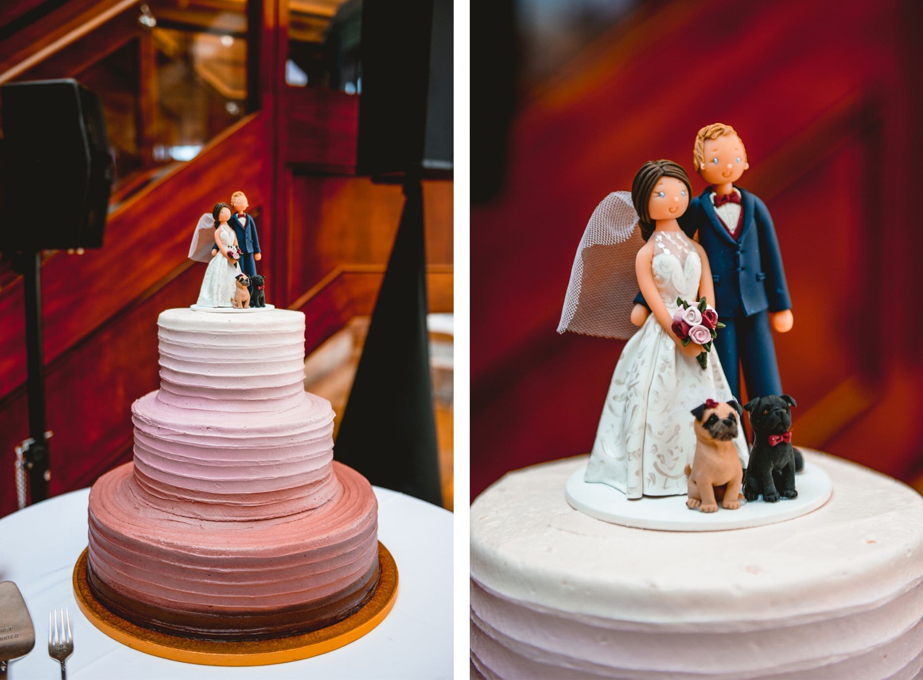 Three Tier Round Ombre Maroon Berry Blush Pink Buttercream Wedding Cake with Custom Clay Figure Cake Topper of Bride and Groom and Pet Pug Dogs