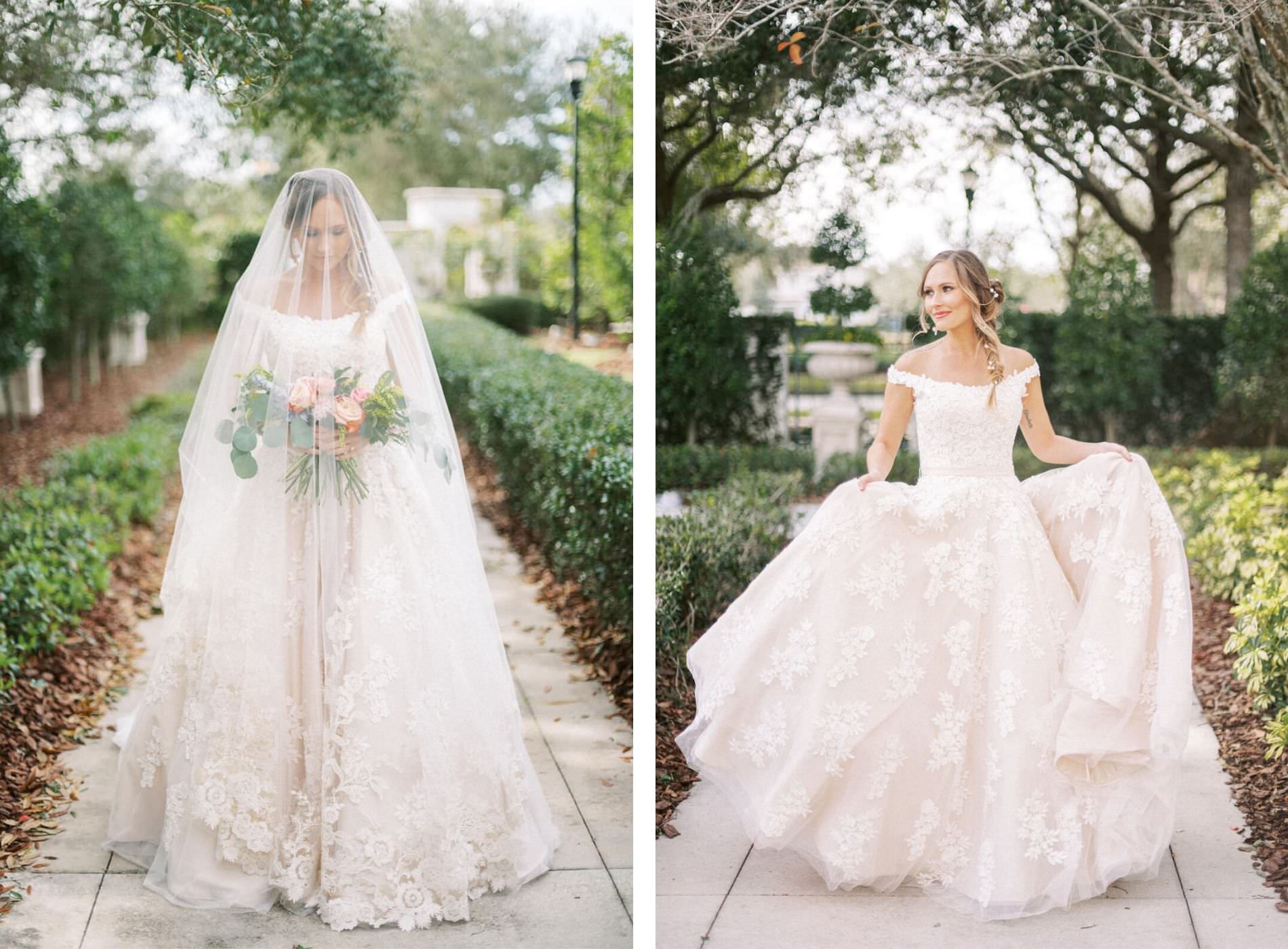 Outdoor Garden Bridal Portraits | Champagne and Ivory Lace Ball Gown Off the Shoulder Wedding Dress with Cathedral Veil | Sarasota Wedding Dress Boutique Truly Forever Bridal
