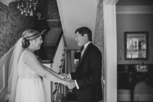 Classic Black and White Bride and Father First Look Wedding Portrait