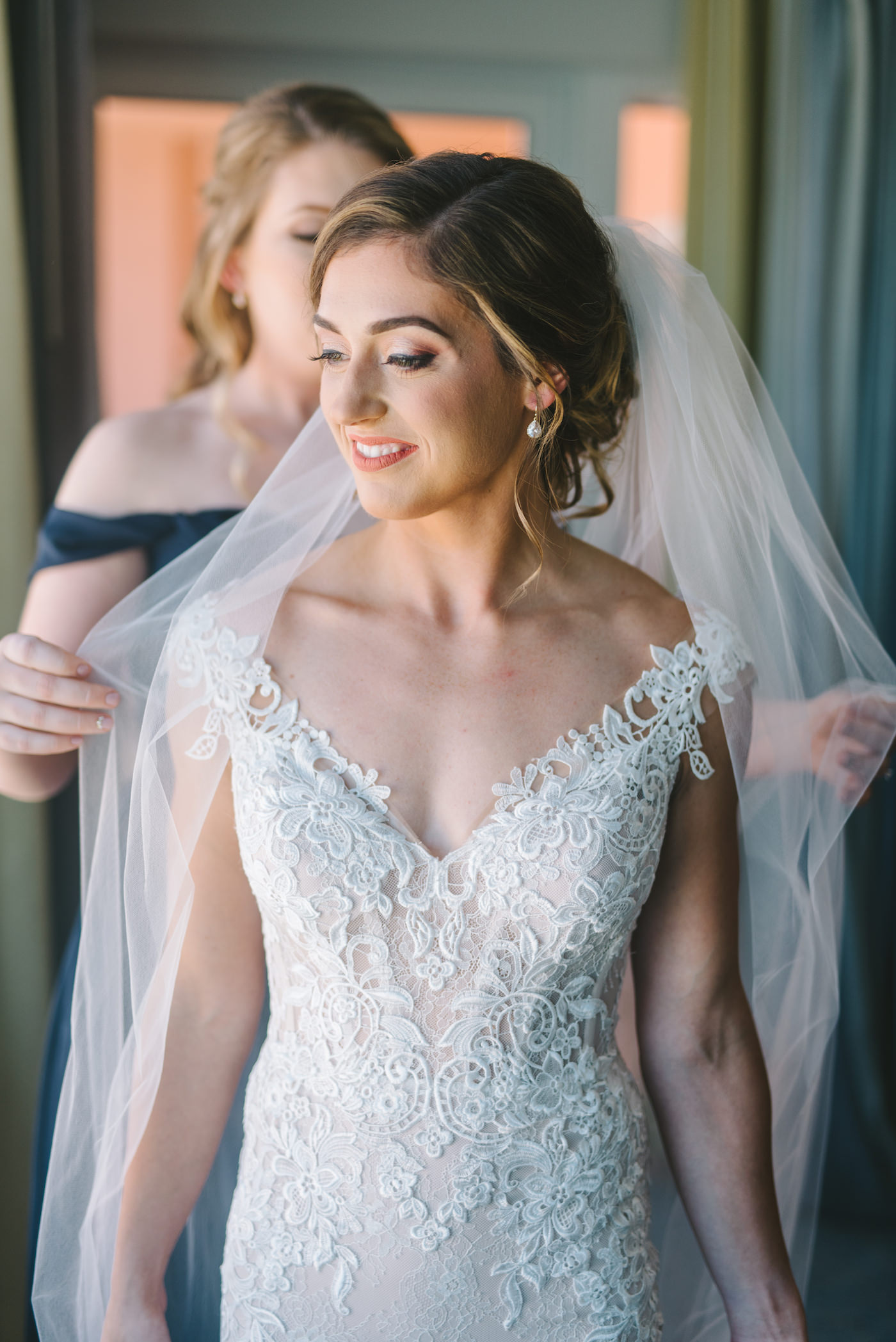 Ivory and Champagne Lilian West Wedding Dress Bridal Gown with V Neck Off The Shoulder Straps and Long Cathedral Veil | Tampa Bay Wedding Photographer Kera Photography