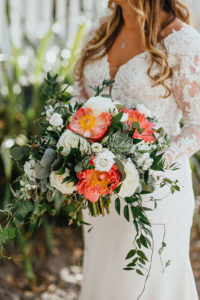 Organic Natural Loose Wedding Bridal Bouquet with Coral Pink Peonies and White Roses with Succulents and Eucalyptus Greenery by Tampa Florida Monarch Events and Designs