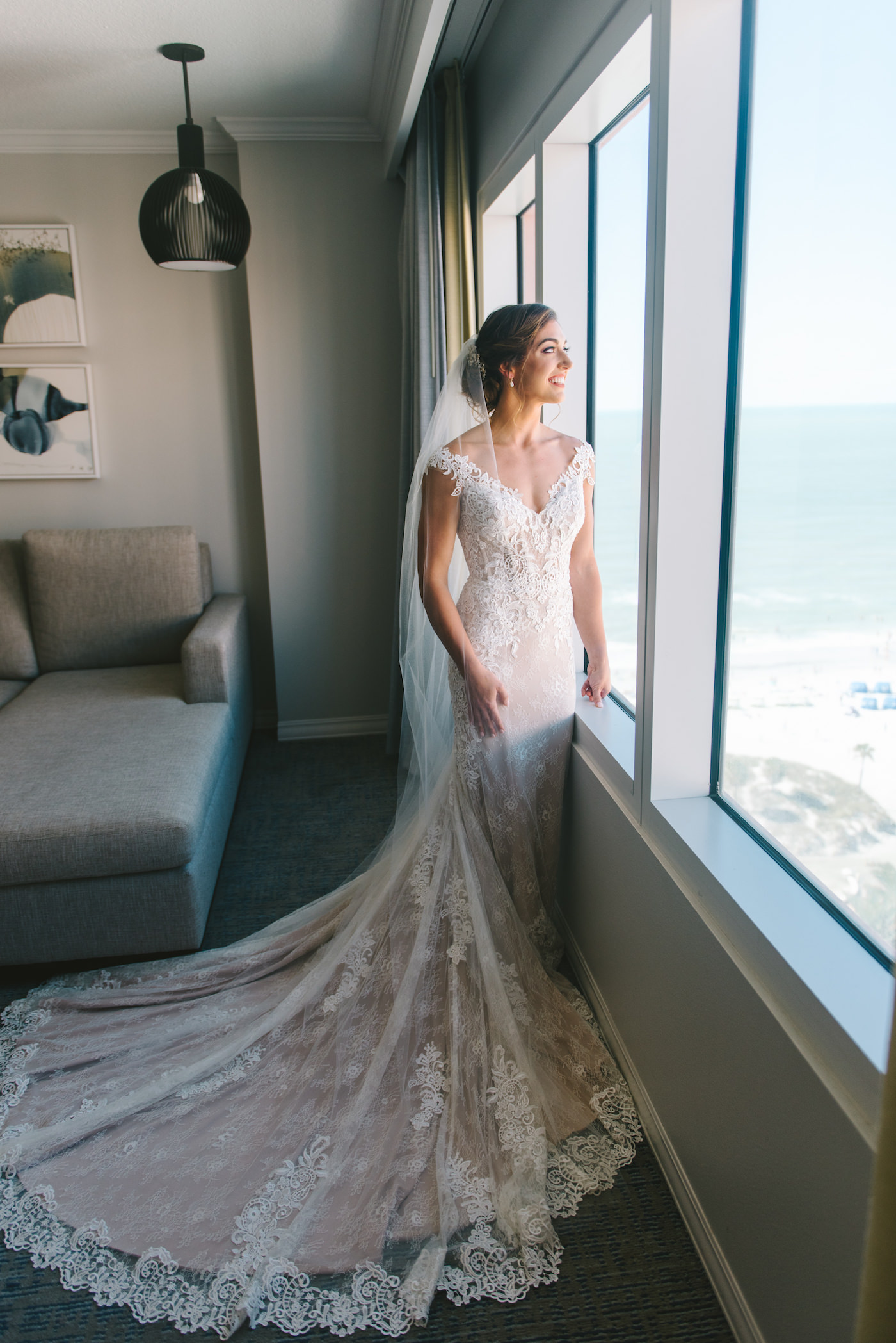 Ivory and Champagne Lilian West Sheath Wedding Dress Bridal Gown with V Neck Off The Shoulder Straps, Scalloped Edge Train and Long Cathedral Veil | Tampa Bay Wedding Photographer Kera Photography