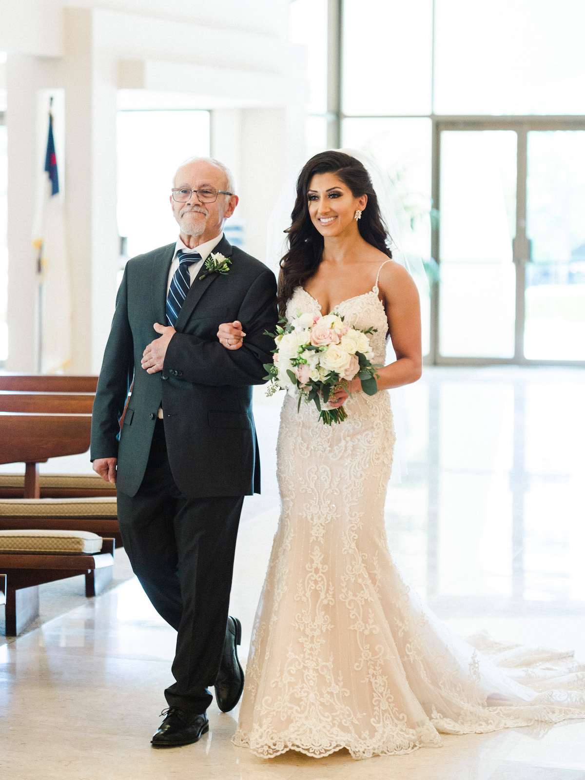 Bride and Dad Walking Down the Aisle | Champagne and Ivory Lace Sweetheart Wedding Dress Bridal Gown