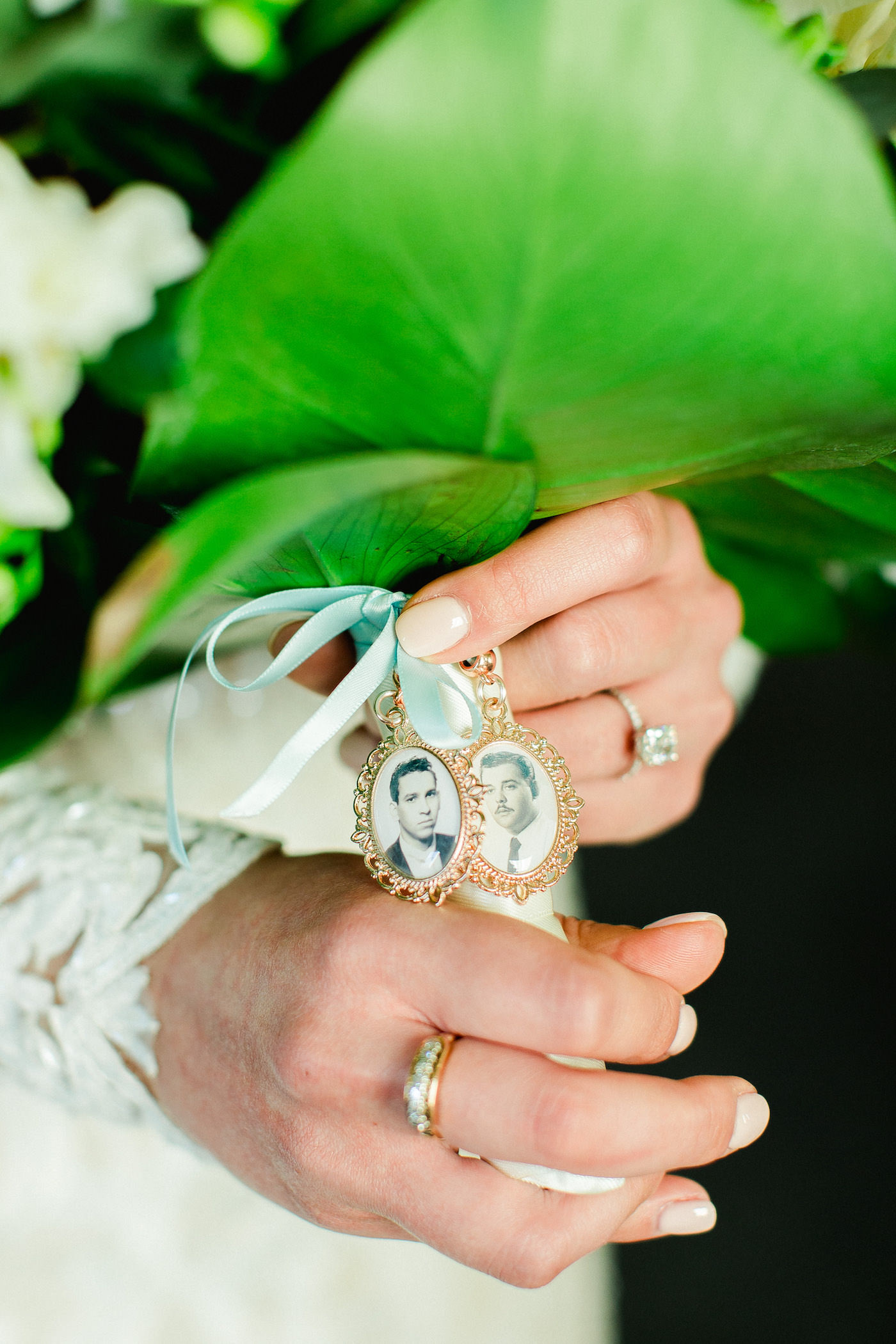 Vintage Inspired Wedding Bouquet Details, Heirloom Family Photos in Locket Carried Down the Aisle | Florida Wedding Planner Breezin' Weddings